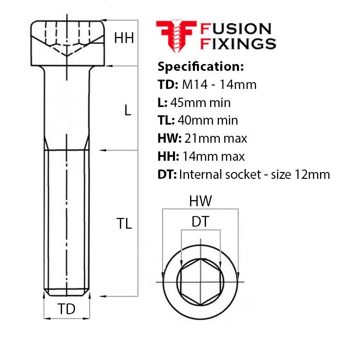 Size guide for the M14 x 45mm Socket Cap Head Screw, Self Colour, DIN 912