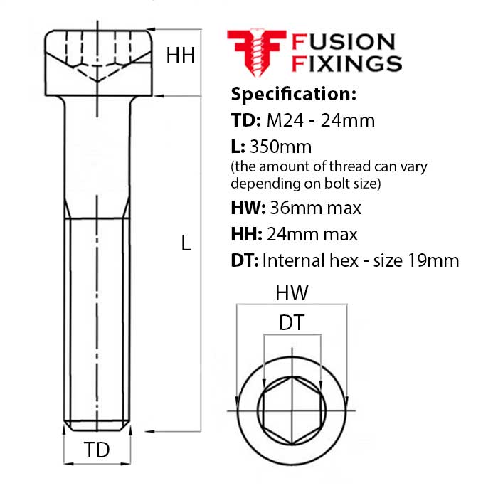 M24 x 350mm Socket Cap Head Screw, Self Colour, DIN 912