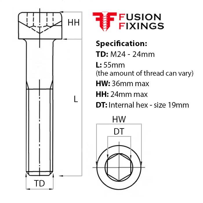 Size guide for the M3 x 55mm Socket Cap Head Screw, Self Colour, DIN 912