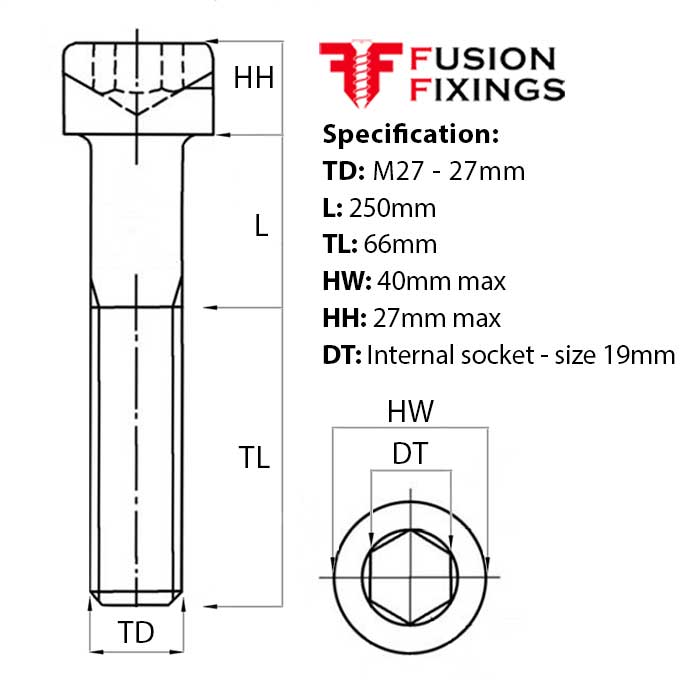 Size guide for the M27 x 250mm Socket Cap Head Screw, Self Colour, DIN 912. Part of a growing range from Fusion Fixings