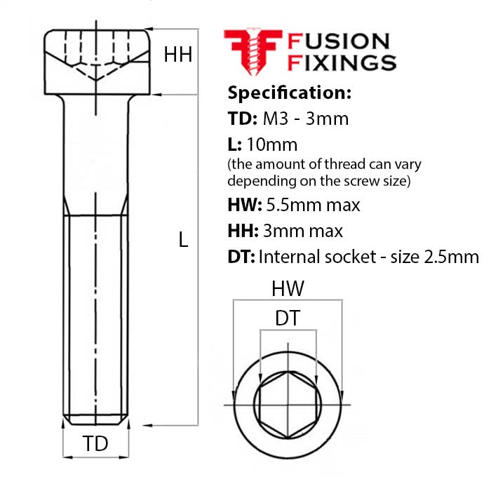 Size guide for the M3 x 10mm Socket Cap Head Screw, Self Colour, DIN 912