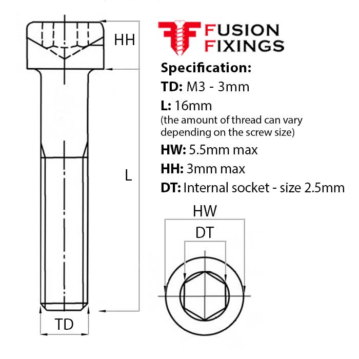 Size guide for the M3 x 16mm Socket Cap Head Screw, Self Colour, DIN 912