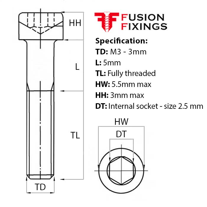 Size guide for the M3 x 5mm Socket Cap Head Screw, Self Colour, DIN 912. Part of a larger range of self colour socket cap head screws from Fusion Fixings.