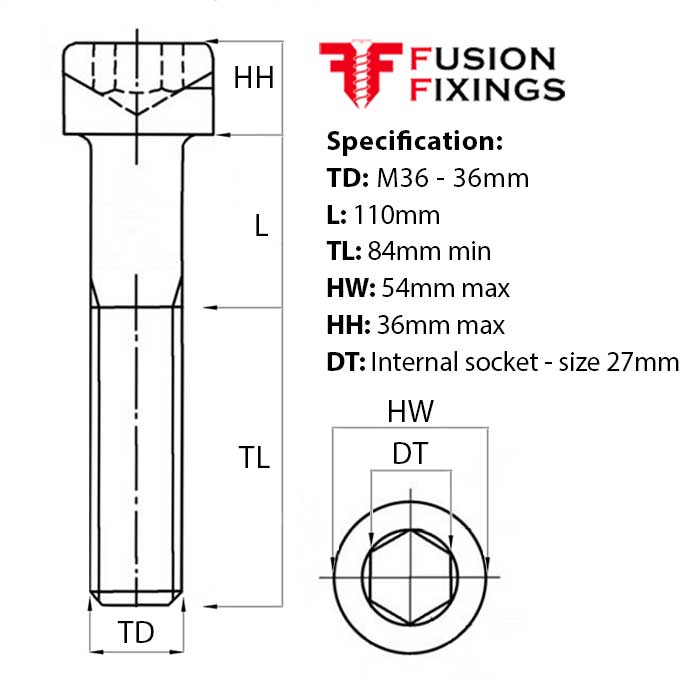 Size guide for the M36 x 110mm Socket Cap Head Screw, Self Colour, DIN 912. Part of a larger range of socket cap head screws from Fusion Fixings