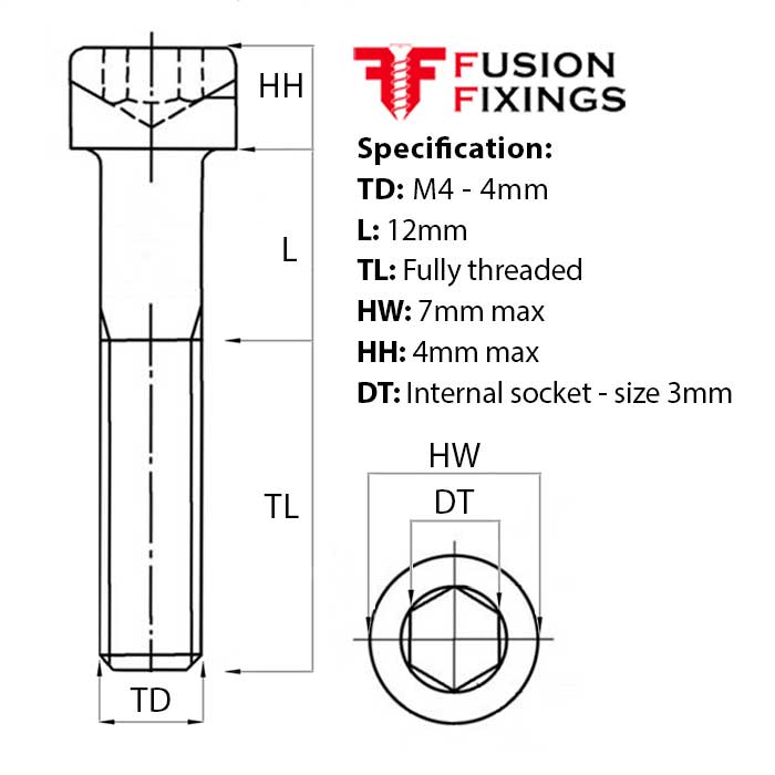 Size guide for the M4 x 12mm Socket Cap Head Screw, Self Colour, DIN 912