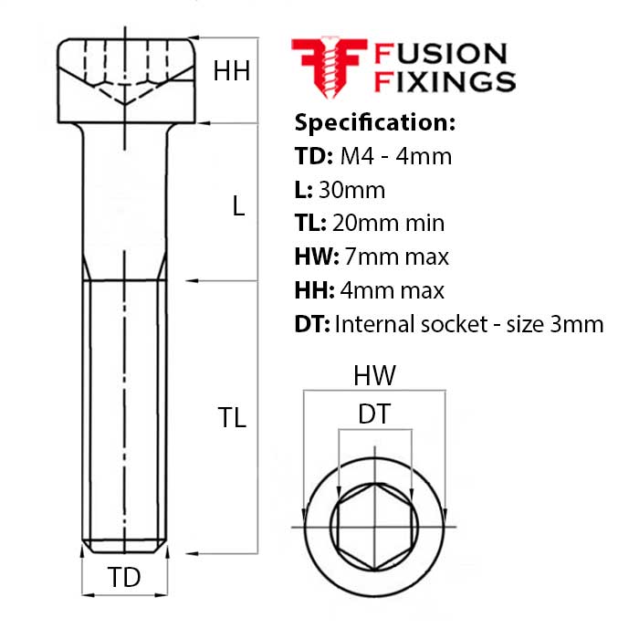 Size guide for the M4 x 30mm Socket Cap Head Screw, Self Colour, DIN 912