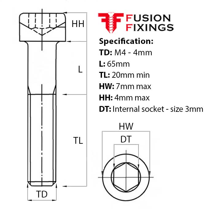 Size guide for the M4 x 65mm Socket Cap Head Screw, Self Colour, DIN 912. Part of a larger range of socket cap head bolts from Fusion Fixings.