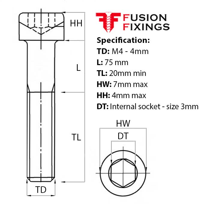 Size guide for the M4 x 75mm Socket Cap Head Screw, Self Colour, DIN 912. Part of as larger range of socket cap head bolts from Fusion Fixings.