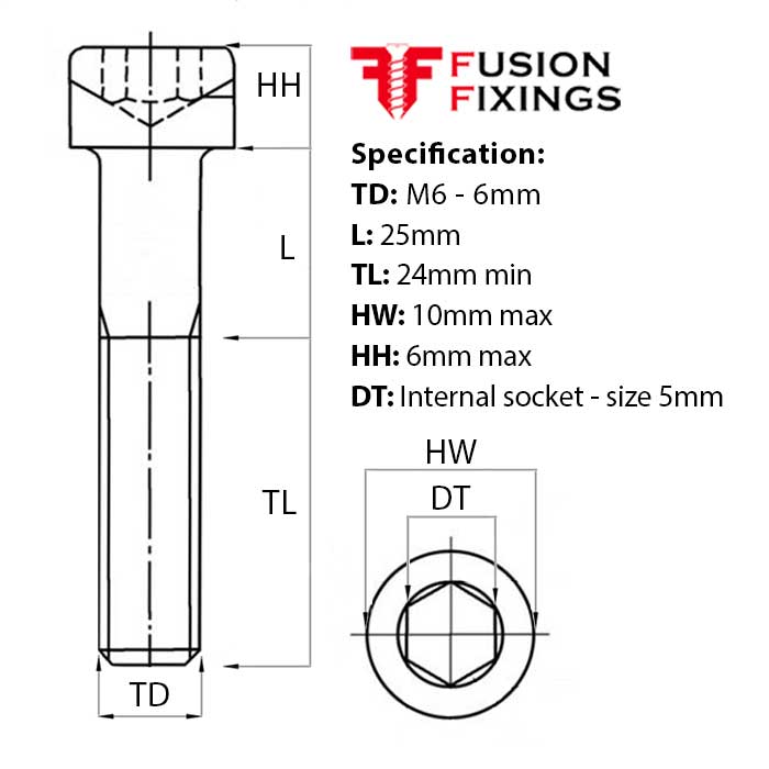 Size guide image for the M6 x 25mm Socket Cap Head Screw, Self Colour, DIN 912