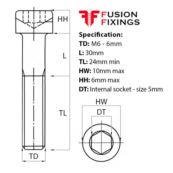 Size guide for the M6 x 30mm Socket Cap Head Screw, Self Colour, DIN 912