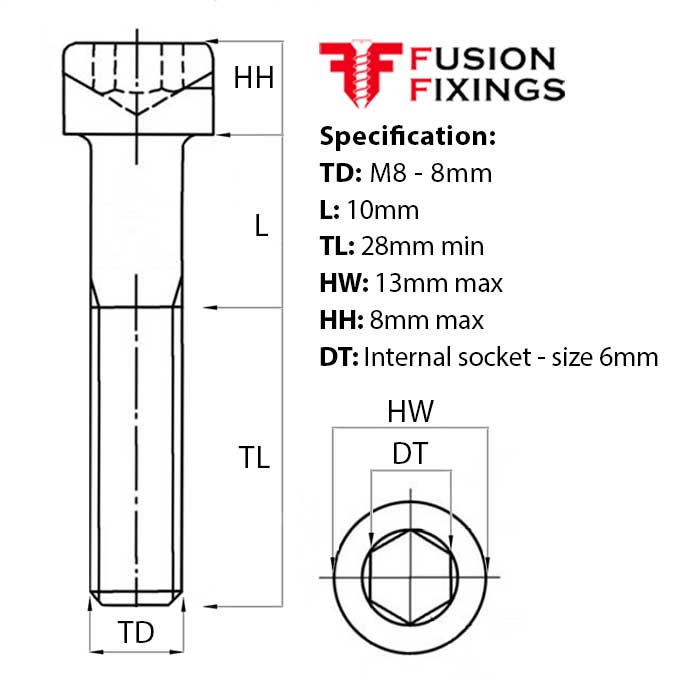 Size guide for the M8 x 10mm Socket Cap Head Screw, Self Colour, DIN 912. Part of a larger range of socket cap had screws from Fusion Fixings.