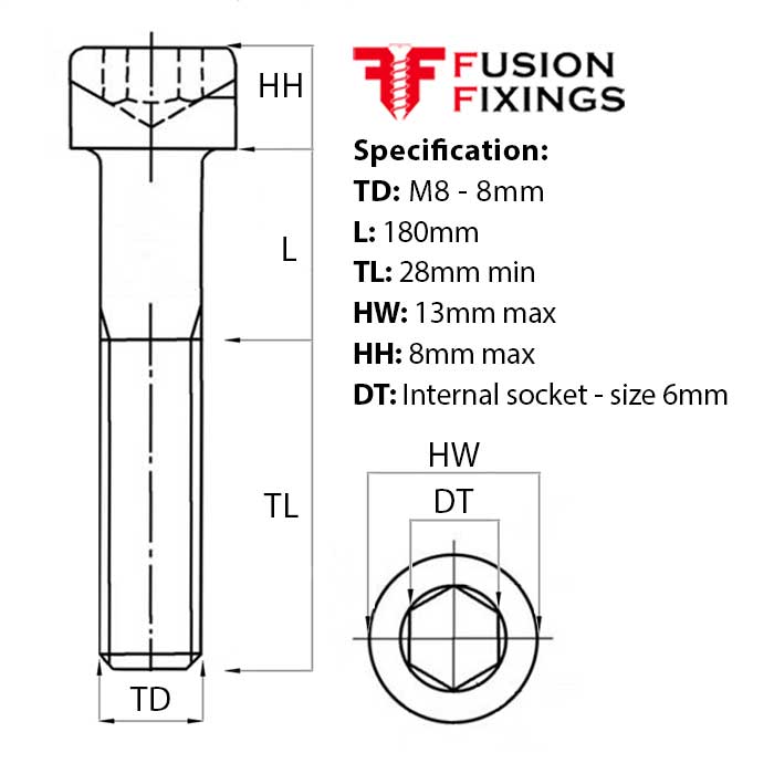 Size guide for the M8 x 180mm Socket Cap Head Screw, Self Colour, DIN 912