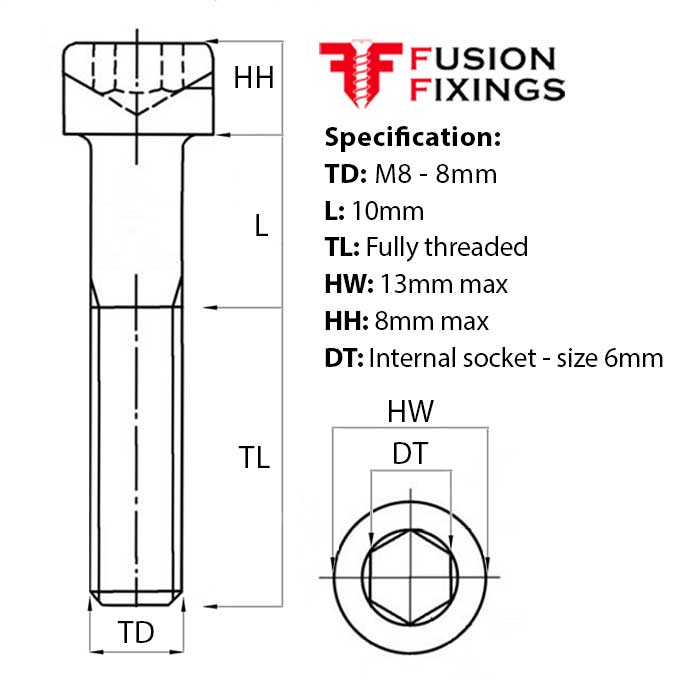 Size guide for M8 x 10mm Socket Cap Head Screw, A2 Stainless Steel DIN 912