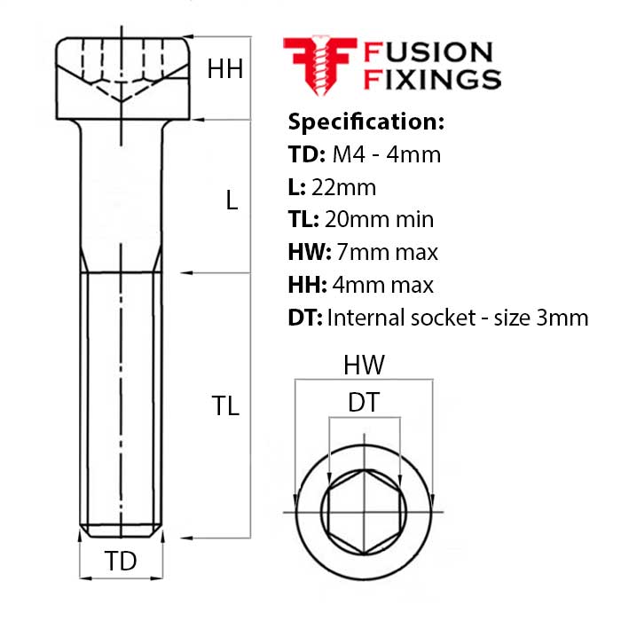 Size guide for M4 x 22mm Socket Cap Head Screw, A2 Stainless Steel DIN 912