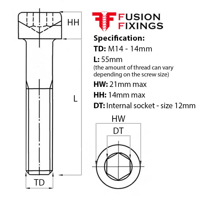 Size guide for M14 x 55mm Socket Cap Head Screw, Self Colour, DIN 912