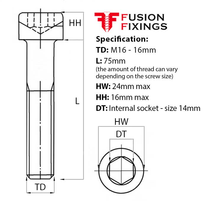 Size guide for M16 x 75mm Socket Cap Head Screw, Self Colour, DIN 912