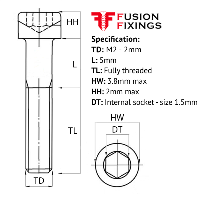 Size guide for the M2 x 5mm Socket Cap Head Screw, Self-Colour, DIN 912. Part of a growing range of socket cap head screws from Fusion Fixings