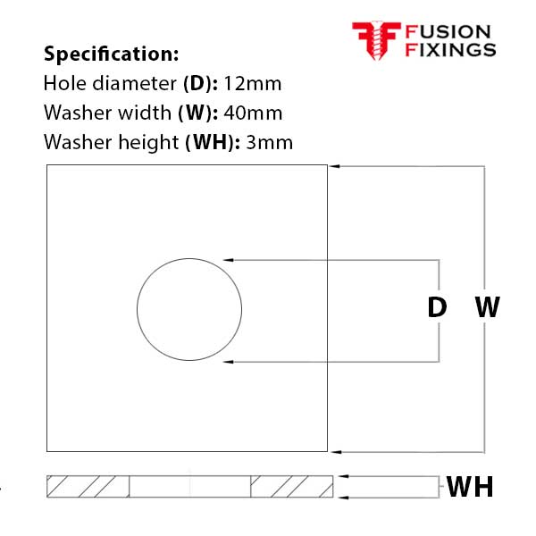 Size guide for the M10 x 40mm x 3mm Square Washer, Mild Steel, Bright Zinc Plated DIN 436 