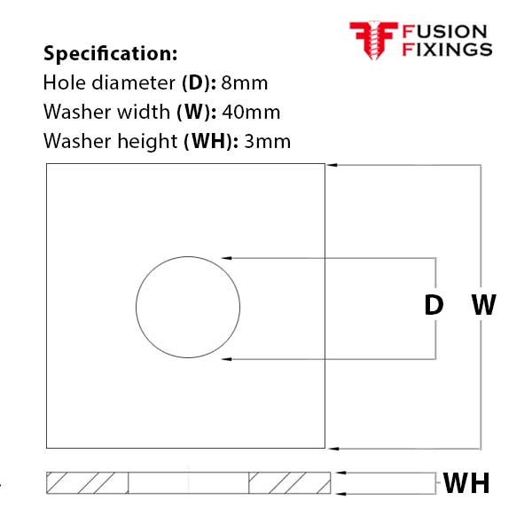 Size guide for the M6 x 40mm x 3mm Square Washer, Mild Steel Bright Zinc Plated, DIN 436