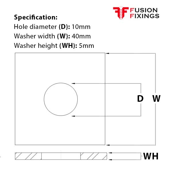Size guide for the M8 x 40mm x 5mm Square Washer, Mild Steel, Bright Zinc Plated DIN 436 