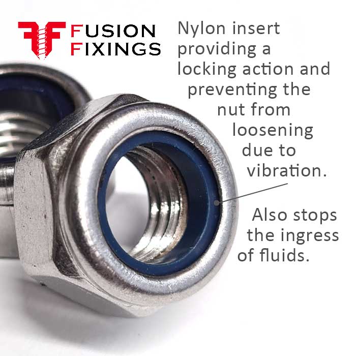 Stainless steel nyloc nut information image. Part of a growing range of hex nuts available from Fusion Fixings