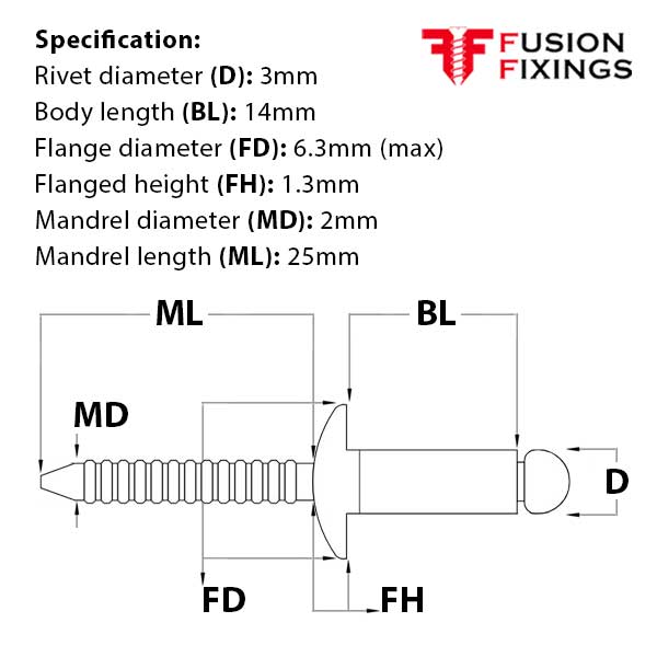 Size guide 3 x 14mm Stainless steel pop rivets, Dome Head (Blind Rivet) Grip Range 8.5 - 10.5mm