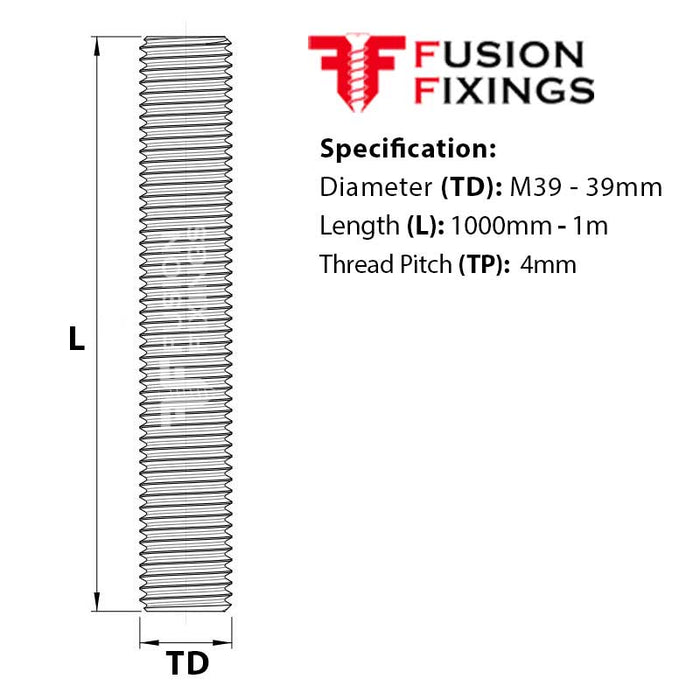 Size guide for the M39 stainless steel Threaded Bar (studding), A2 Stainless Steel, DIN 976-1. Part of a growing range from Fusion Fixings