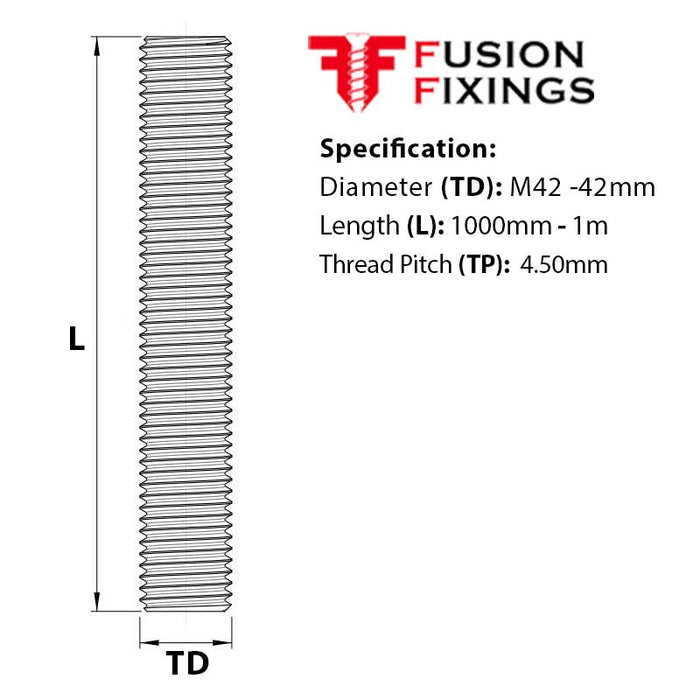 M42 x 1000mm Threaded Bar (studding) BZP Grade 4.8 Mild Steel DIN 976-1