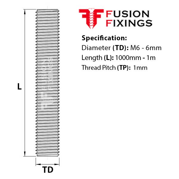 Information guide for M6 x 1000mm Threaded Bar (studding) BZP Grade 4.8 Mild Steel DIN 976-1