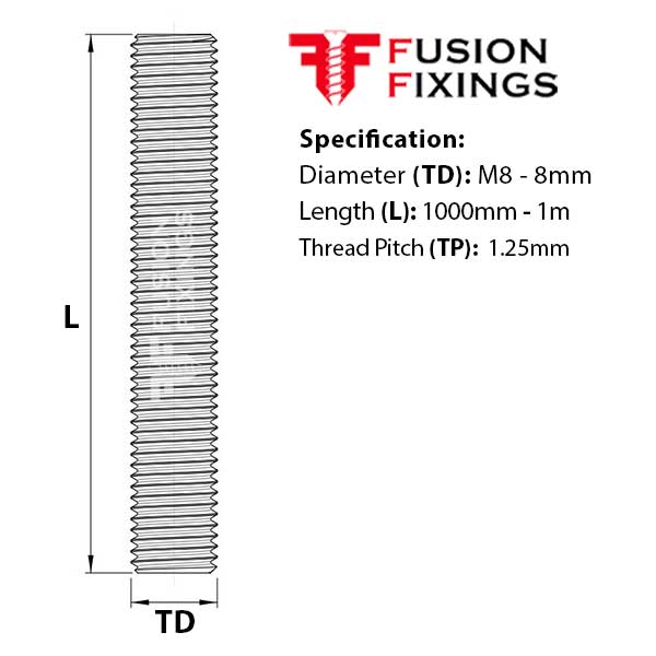 Information guide for M8 x 1000mm Threaded Bar (studding) BZP Grade 4.8 Mild Steel DIN 976-1