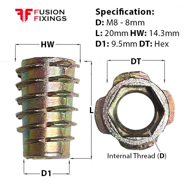 Size guide for the M8 x 20mm E Type  Threaded Insert Nut, Zinc Plated