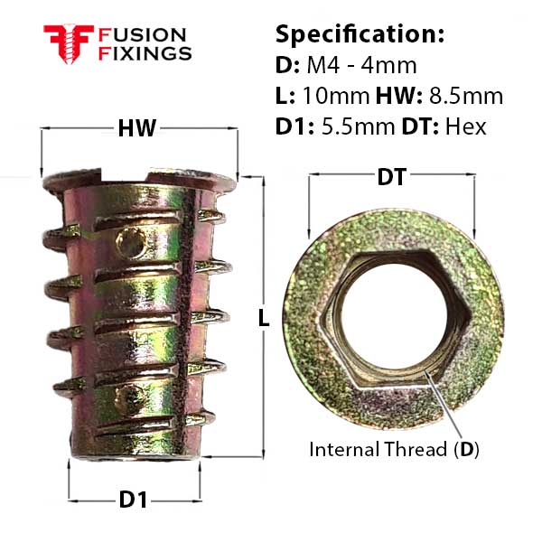 Size guide for the M4 x 10mm Type D Flanged Threaded Insert Nut (4mm key) Zinc Plated. Part of a growing range of threaded insert nuts held in stock at Fusion Fixings